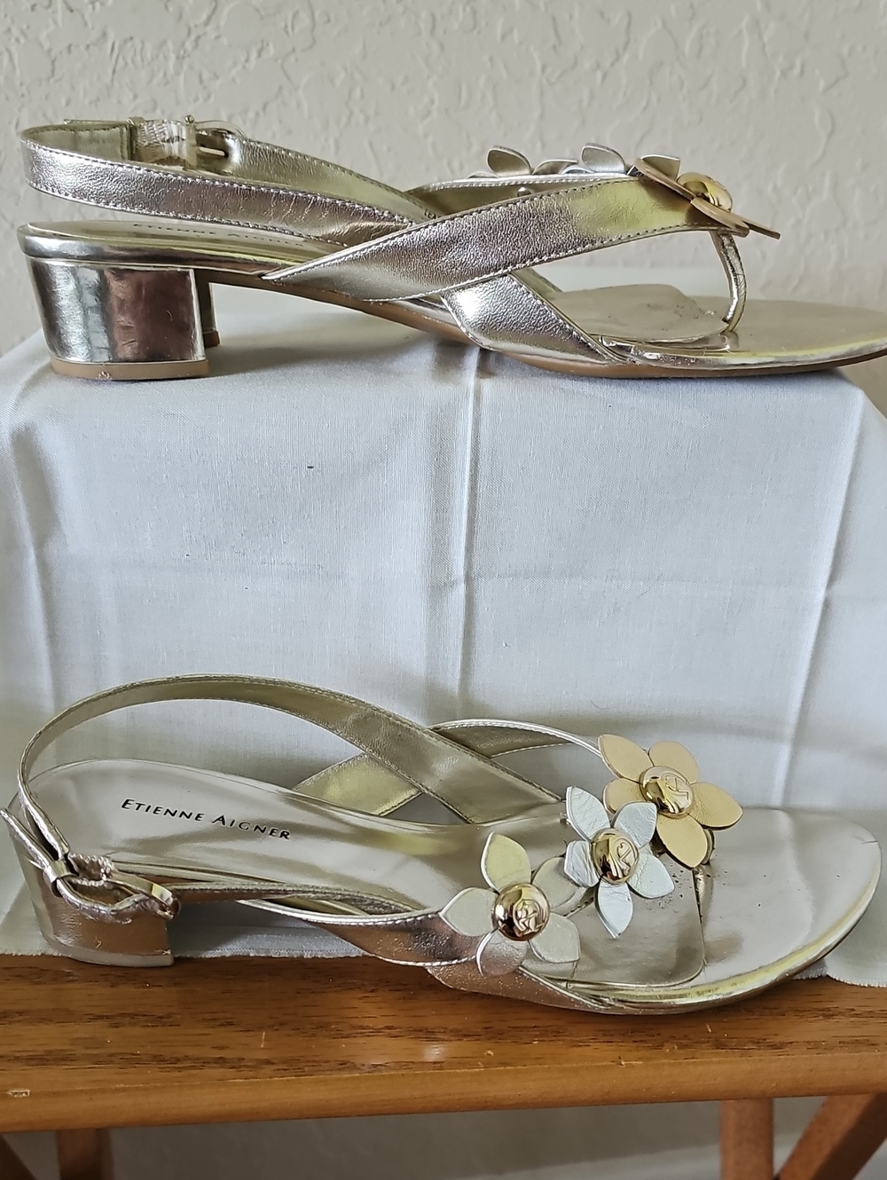 Etienne Aigner Metallic Silver Slingback Sandals with Floral Accents